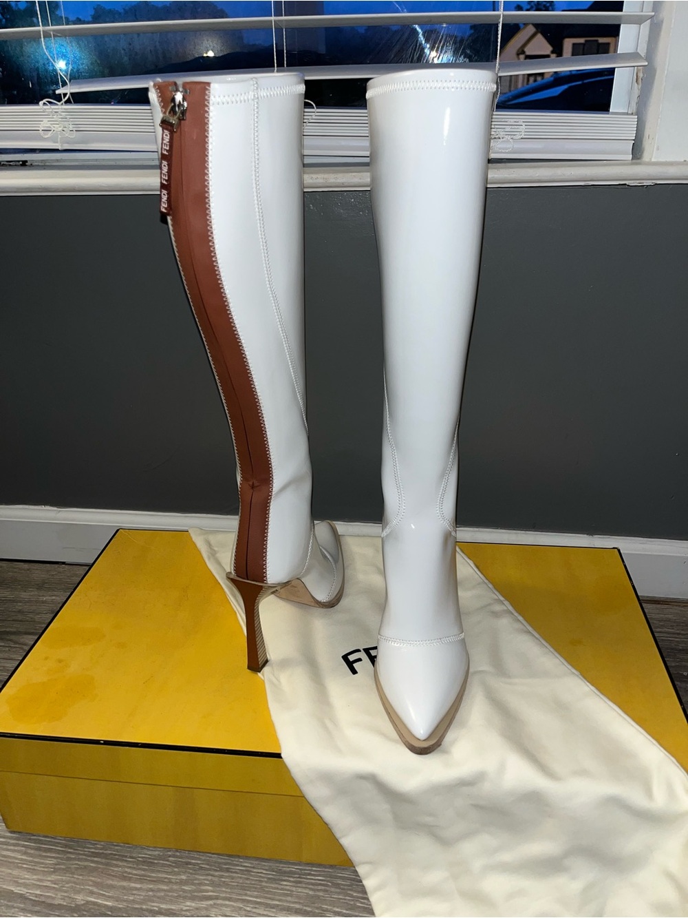 Fendi White Knee-High Stiletto Boots with Brown Rear Zip Panel